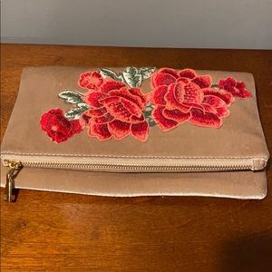 Floral Embroidered Clutch with Gold Accent Zipper